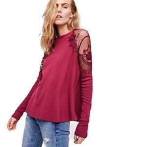 Free People Daniella Embroidered Sheer Shoulder Top in Wine Sz S
